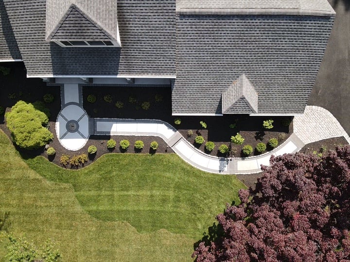 Aerial View Of Custom Landscaping and Hardscaping By First Class Lawn Care