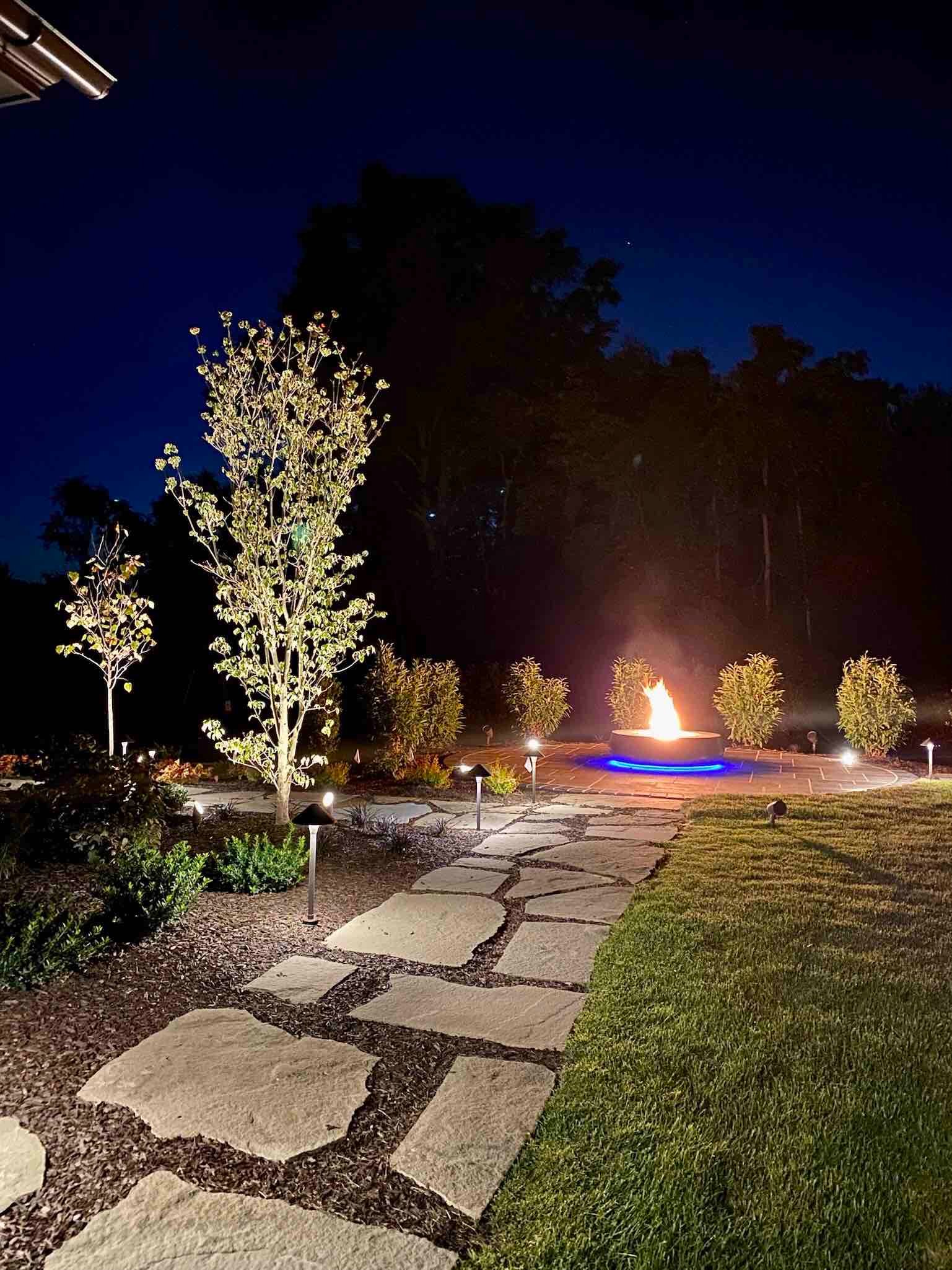 Custom Fire Pit with LED Lights by First Class Lawn Care