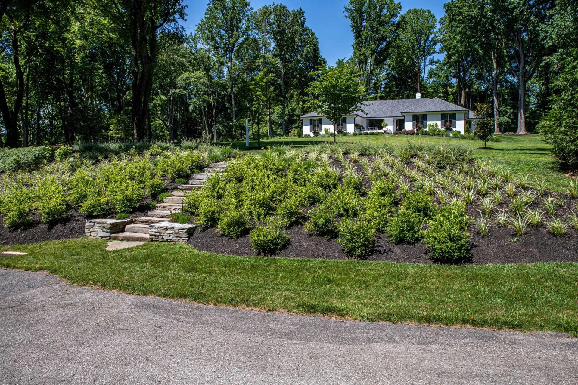 Landscaped Area With Stone Walkway By First Class Lawn Care