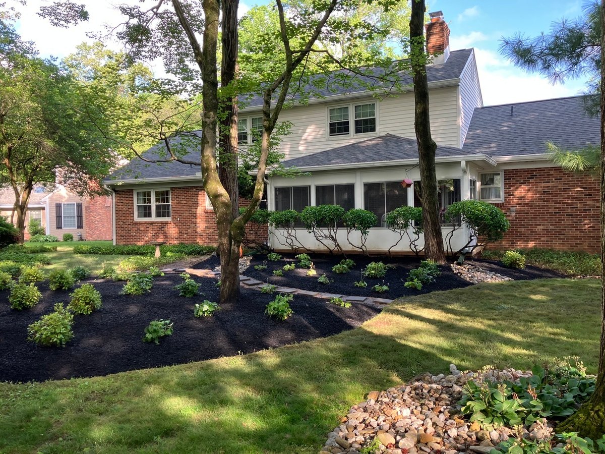 Landscaped backyard with tree canopy and new plantings by First Class Lawncare, LLC in Wilmington, DE